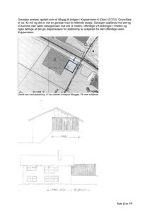 Bildet viser en fasadetegning (opprikk) av en garasje og en bolig, samt et utsnittskart over plasseringen av bygningene.