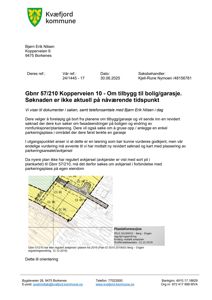 Et kommunalt brev som inneholder en situasjonsplan (kart) som viser eiendomsinndeling og planregulering.