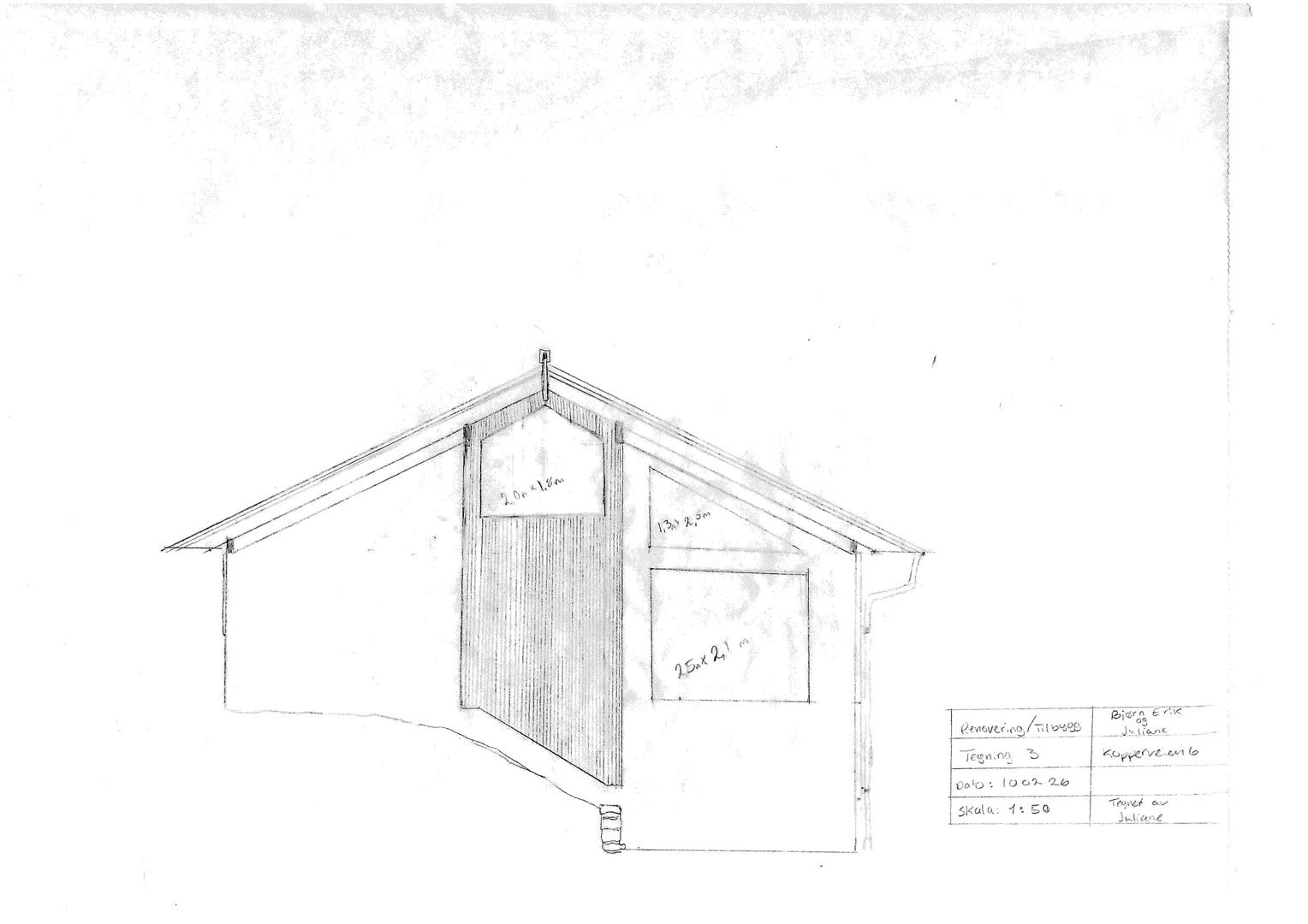 En håndtegnet fasadevisning (opprikk) av en bygning, sannsynligvis en uthus eller garasje, med angitte mål på vinduer og dør.