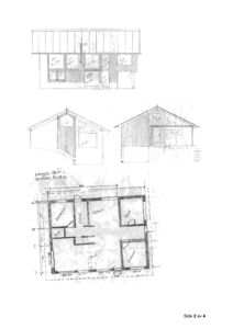 Bildet viser en håndtegnet tegningsside med en etasjeplan (nederst) og to fasadeopprikk (øverst).