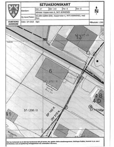 Situasjonskart som viser eiendomsgrenser, bygninger og infrastruktur for Kopperveien 6 i Borkenes.
