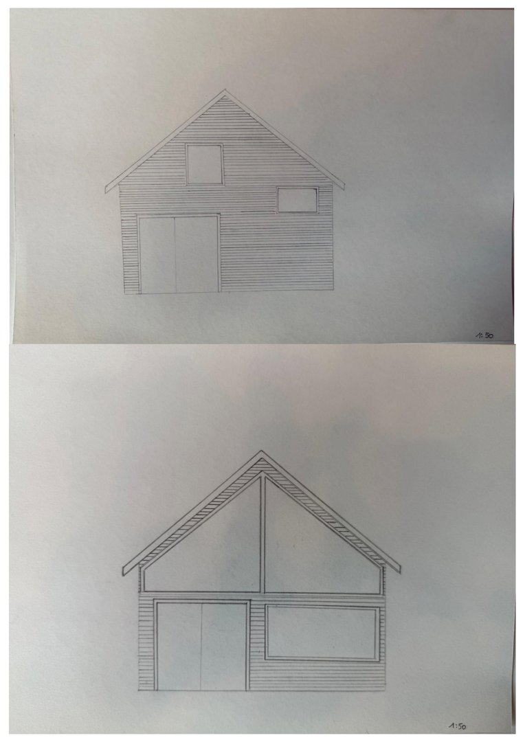 Bildet viser to håndtegnede fasadetegninger av en bygning. Øverste tegning viser en fasade med etasjehøyde og et skråtak, mens den nedre tegningen viser et tverrsnitt eller en annen fasadevinkel med et stort vindu og en dør.