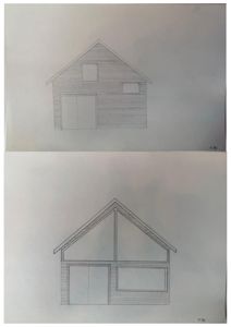 Bildet viser to håndtegnede fasadetegninger av en bygning. Øverste tegning viser en fasade med etasjehøyde og et skråtak, mens den nedre tegningen viser et tverrsnitt eller en annen fasadevinkel med et stort vindu og en dør.