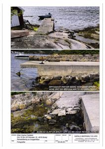 Fotografier av en brygge og slipp ved vannet, som viser skader på konstruksjonen.