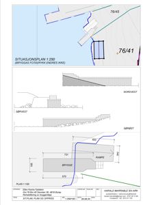 Situasjonsplan og oppriss for en byggesak ved Brygga 76/45. Bildet viser tomtens beliggenhet (76/41 og 76/45), eksisterende og nybygg, rampe, brygge, samt terrengforhold i nordvest, sørvest og sørøst.
