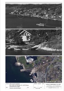 En samling av historiske og moderne bilder (fotografier) som viser bygningens utvikling over tid, inkludert etasjeplaner, fasade og situasjonsplan.