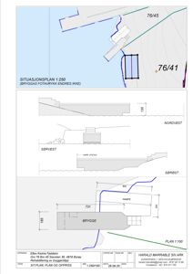 Situasjonsplan og oppriss av brygge/slipp med mål og orientering