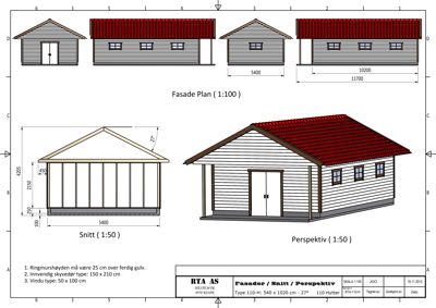 Dette bildet viser en fasadeplan, en snittegning og en perspektivtegning av en hytte. Det er også inkludert mål og tekniske detaljer.