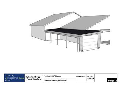 Et 3D-situasjonsbilde som viser en tegnet bygning med tak og fundament.