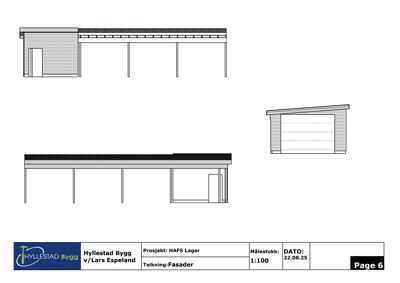 Fasadetegning som viser utsiden av en bygning sett fra ulike vinkler (for- og sidefasade).