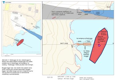 Situasjonsplan og snitt som viser plassering av ny flytebrygge, vraket Fylgda, og terrengforhold ved Bastø brygge.