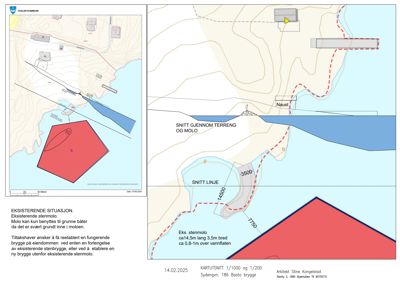 Bildet viser en snittegning (snitt gjennom terreng og molo) med tilhørende situasjonsplan, som illustrerer topografi, vannflate og eksisterende/planlagt konstruksjon.
