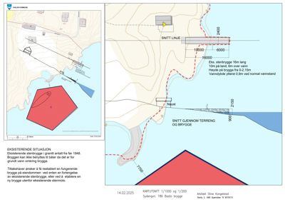 Bildet viser et snitt gjennom terreng og brygge (merket 'SNITT GJENNOM TERRENG OG BRYGGE'). Det illustrerer høydeforskjeller, vannstand, eksisterende stenbrygge og planlagt ny brygge med mål og konstruksjonsdetaljer.