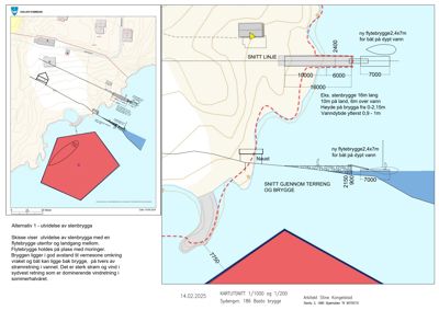 Snittegning (kartutsnitt) som viser terrengforhold, eksisterende og planlagt bryggeanlegg med mål og høyder.