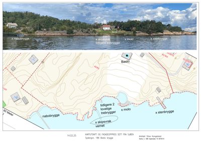 Bildet viser en fasadetegning (opprikk) av et kystområde sett fra sjøen, med en fotorealistisk illustrasjon øverst og en teknisk tegning nederst.