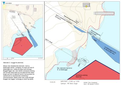 Kartutsnitt (snitt) som viser etasjeplaner og snittlinjer for en ny flytebrygge.