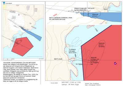 Bildet viser en snittegning (merket 'SNITT GJENNOM TERRENG, VRAK OG TIDLIGERE BRYGGJE') som illustrerer et tverrsnitt gjennom et område med skipsvrak og tidligere brygger. Det er inkludert høydemål (f.eks. 1800, 7750) og en snittlinje.