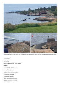 Et sammensatt bilde (collage) som viser et skipsvrak i vannet, rester av en bryggefest, og en eksisterende stenbrygge. Bildet er en del av en eiersak.