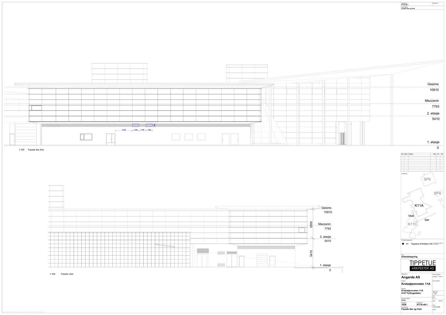 Fasadetegning (opprikk) av bygningen sett fra front og side, med angitte høyder og romfordeling.