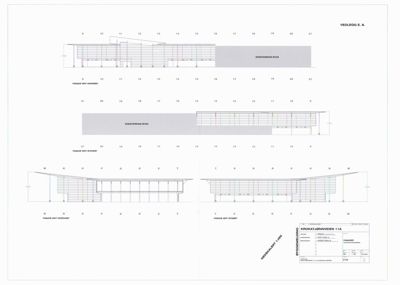 Fasadetegning som viser bygningens utseende fra fire ulike retninger (nordøst, nordvest, sydøst, sydvest).