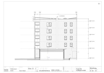 Fasade tegning (Fasade Øst) med mål og detaljer for en fast-food restaurant.