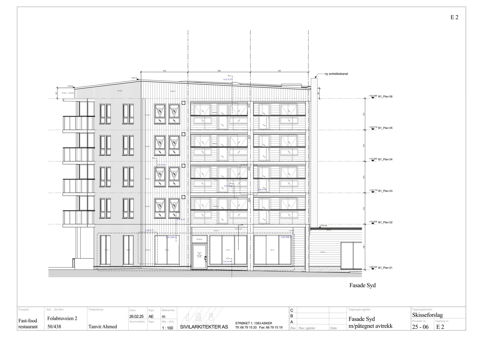 Fasadetegning (Fasade Syd) med mål og detaljer for en bygning