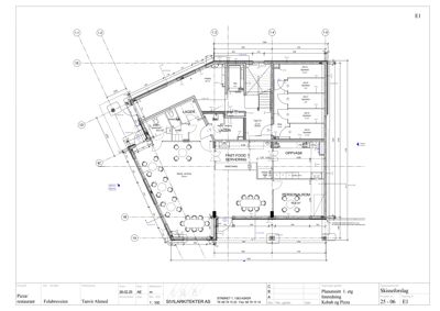 Etasjeplan (1. etg) for en pizzarestaurant med romfordeling, mål og innredning.