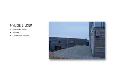 Fotografi av en bygning sett fra siden, som viser fasade og uteareal.