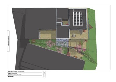 3D-overblikk (rendering) av en bygning med omgivelser, inkludert terreng og beplantning.