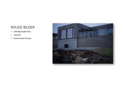 Fotografi av en ferdig eller uferdig fasade på en bygning, inkludert uteområder og terrasse.