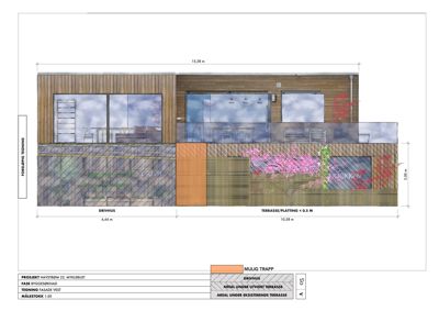 Fasadetegning (opprikk) av en bygning sett fra vest, med mål og detaljer om materialer.