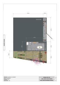 Etasjeplan (foreløpig tegning) som viser romfordeling, mål og areal for en utvidelse av terrasse og hagekrok.