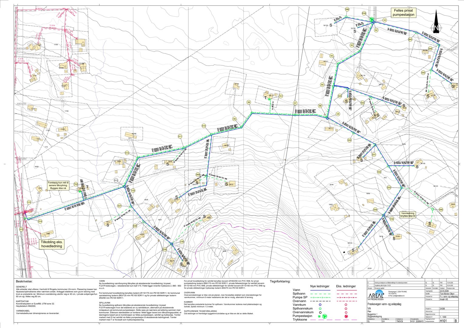 Situasjonsplan som viser vann- og avløpssystemet for et område, inkludert ledninger, pumper, og tilknytning til eksisterende infrastruktur.
