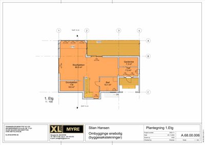 Etasjeplan (1. Etg) som viser romfordeling, arealer og dimensjoner for en enebolig.