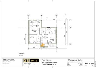 Plantegning av kjelleretasje som viser romfordeling, arealer og dimensjoner.