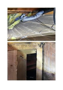 Fotografier av en bygning under arbeid eller ved etablering, som viser isolasjon, ventilasjonsrør og tømmerkonstruksjon.