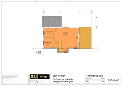 Plantegning av 2. etasje i en enebolig som viser romfordeling, arealer og dimensjoner.