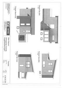 Fasadetegning som viser utsiden av en bygning sett fra fire ulike vinkler (Nord-Vest, Sør-Øst, Nord-Øst, Sør-Vest).