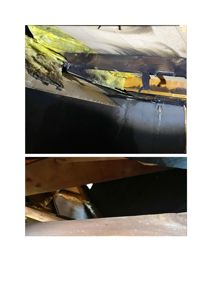 Fotografier av en skadet takkonstruksjon med synlig fukt, råtnet treverk og isolasjon.