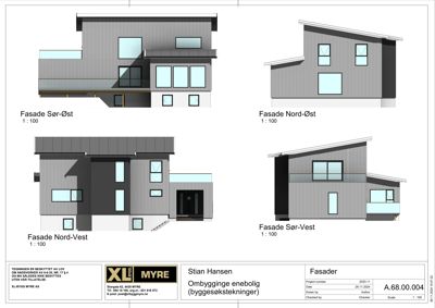 Fasadetegninger som viser bygningens utseende fra fire ulike vinkler (Sør-Øst, Nord-Øst, Nord-Vest og Sør-Vest).