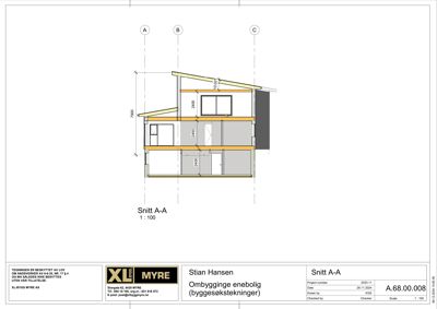 Snittegning (Snitt A-A) som viser tverrsnittet av en enebolig med mål og romfordeling.