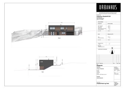Fasadetegning som viser bygningens utseende sett fra Nord og Vest, inkludert mål og terrengforhold.