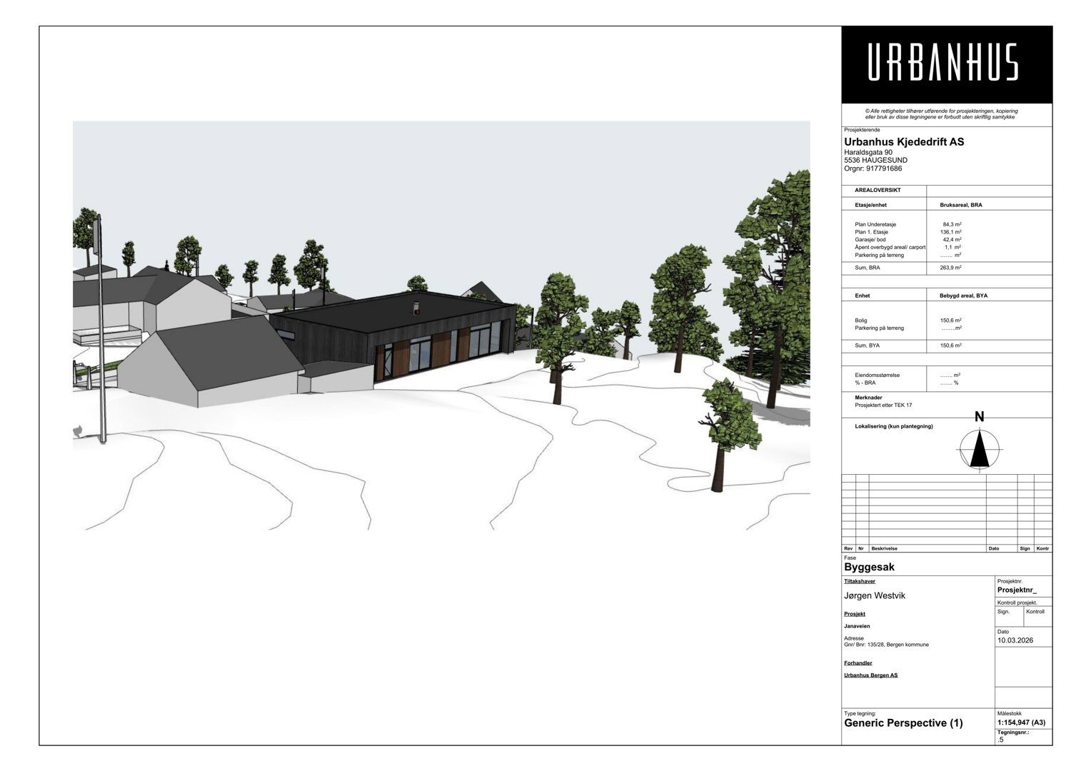 3D-visualisering (rendering) av et husprosjekt sett fra utsiden, inkludert omgivelser og vegetasjon.