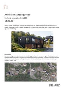 Arkitektonisk redegjørelse som viser en arkitekttegning (rendering) av en planlagt enebolig og en situasjonsplan (flyfoto) av området.