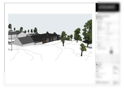 3D-visualisering (rendering) av et husprosjekt sett fra utsiden, inkludert omgivelser og vegetasjon.