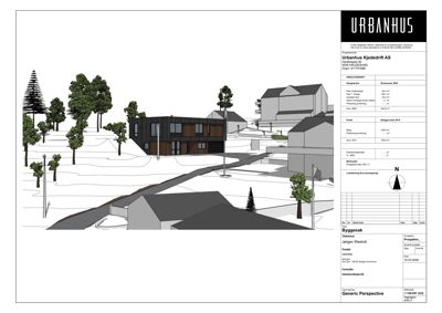 3D-visualisering (rendering) av et husprosjekt sett fra en viss vinkel, inkludert omgivelsene.