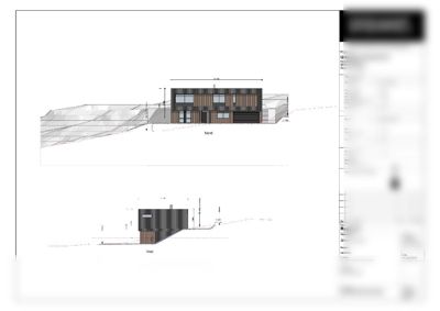 Fasadetegning som viser bygningens utseende sett fra Nord og Vest, inkludert mål og terrengforhold.