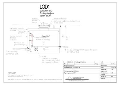 Detaljtegning av en fordømningskum (LOD1) med angitte dimensjoner, rørforbindelser og konstruksjonsdetaljer.