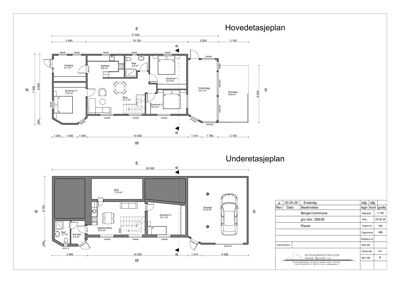 Bildet viser etasjeplaner for en bolig, inkludert hovedetasje og underetasje, med romnavn og mål.