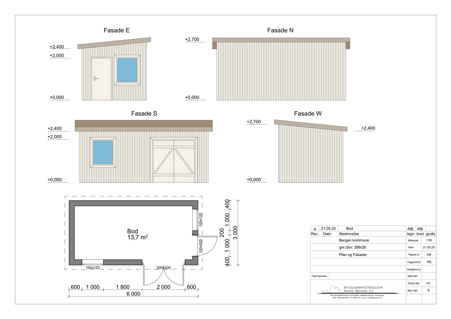 Fasadetegning som viser utsiden av en bygning sett fra fire sider (E, N, S, W) samt en etasjeplan med mål.